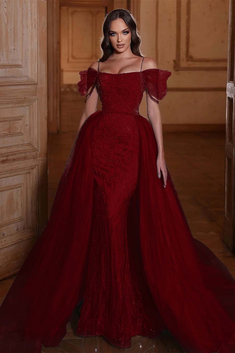 Off the Shoulder Mermaid Prom Dress Tulle Ruffles With Appliques