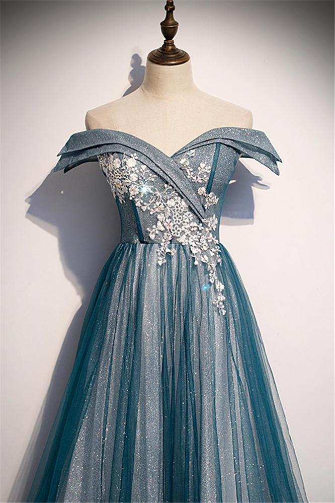 BMbridal Glamorous Tulle Off-the-Shoulder A-Line Prom Dresses with Appliques