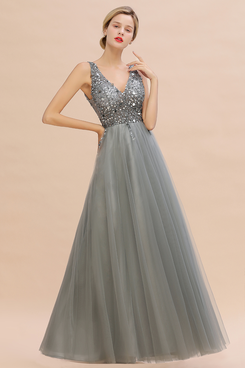 BMbridal Glamorous V-Neck Sleeveless Prom Dress Long Tulle Evening Gowns With Crystals