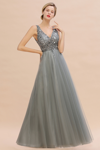 BMbridal Glamorous V-Neck Sleeveless Prom Dress Long Tulle Evening Gowns With Crystals