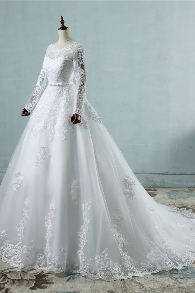 BMbridal Elegant Jewel Tulle Lace Wedding Dress Long Sleeves Appliques A-Line Bridal Gowns On Sale