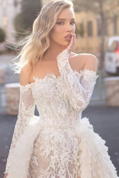 Fantastic Long Sleeves Off-the-Shoulder Mermaid Wedding Dress with Train