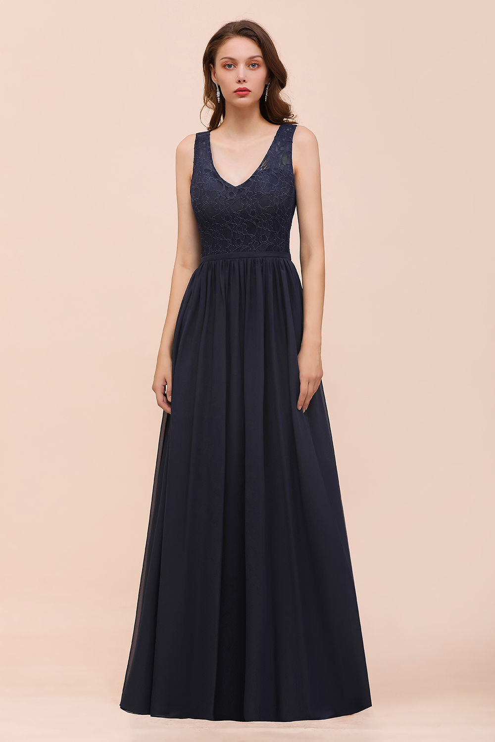 BMbridal Affordable Lace V-Neck Navy Bridesmaid Dress with Open Back-BMbridal