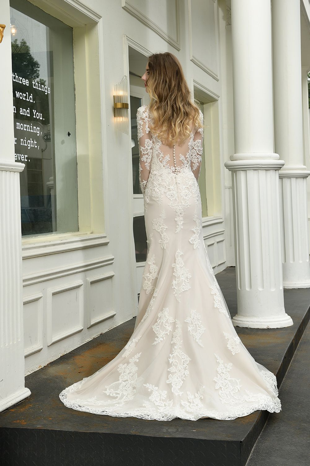 BMbridal Exquisite Sheath V-Neck Long Sleeves Wedding Dress With Slit
