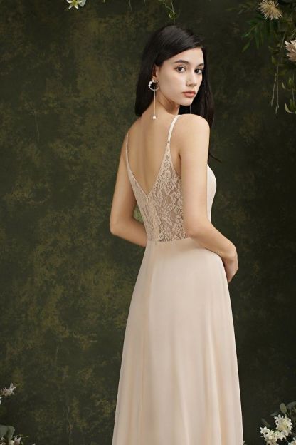 BMbridal Spaghetti-Straps V-Neck Champagne Bridesmaid Dress Long Sleeveless