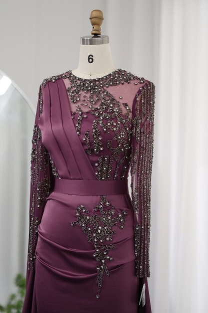Bmbridal Grape A-Line Long Sleeves Crew Stain Prom Dresses with Appliques