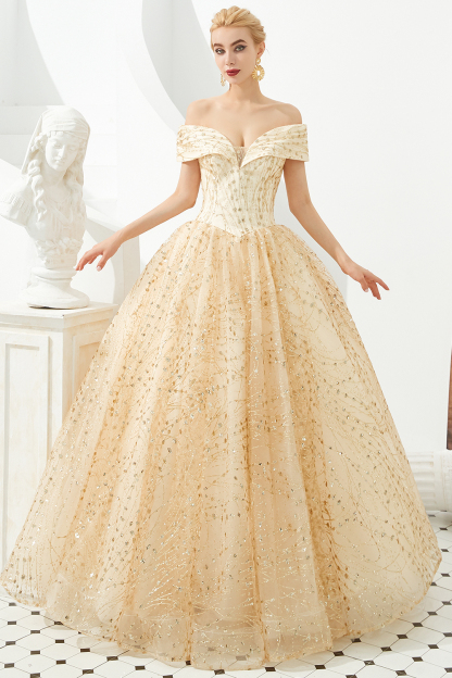BMbridal Gold Off-the-Shoulder Sequins Prom Dress Ball With Lace-up Online