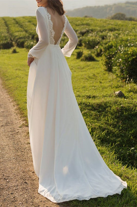 Long Sleeves Chiffon Backless Wedding Dress