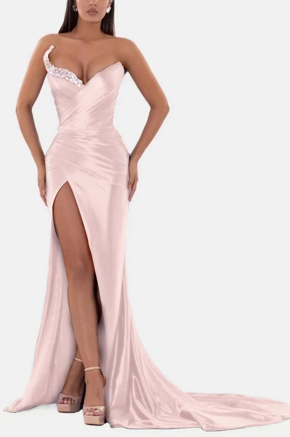 Sexy Royal Blue Prom Dress V Neck With High Slit Pleated Strapless Sleeveless