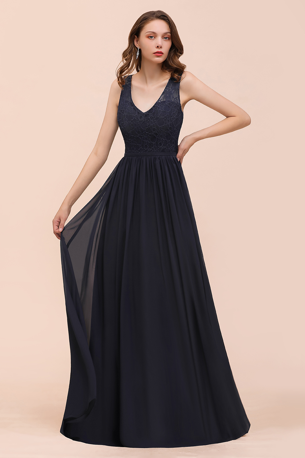 BMbridal Affordable Lace V-Neck Navy Bridesmaid Dress with Open Back-BMbridal