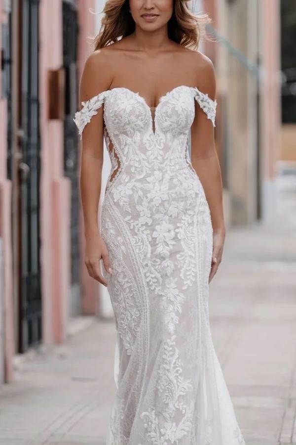 Elegant Mermaid Floor-Length V-Neck Off-The-Shoulder Lace Wedding Dresses-BMbridal