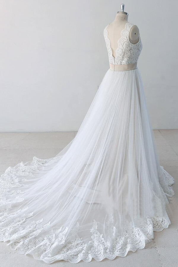 BMbridal Elegant V-neck Lace Tulle A-line Wedding Dress On Sale-BMbridal