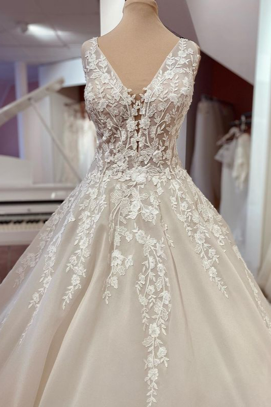 Bmbridal Lace Wedding Dress Princess V-Neck Sleeveless With Appliques-BMbridal
