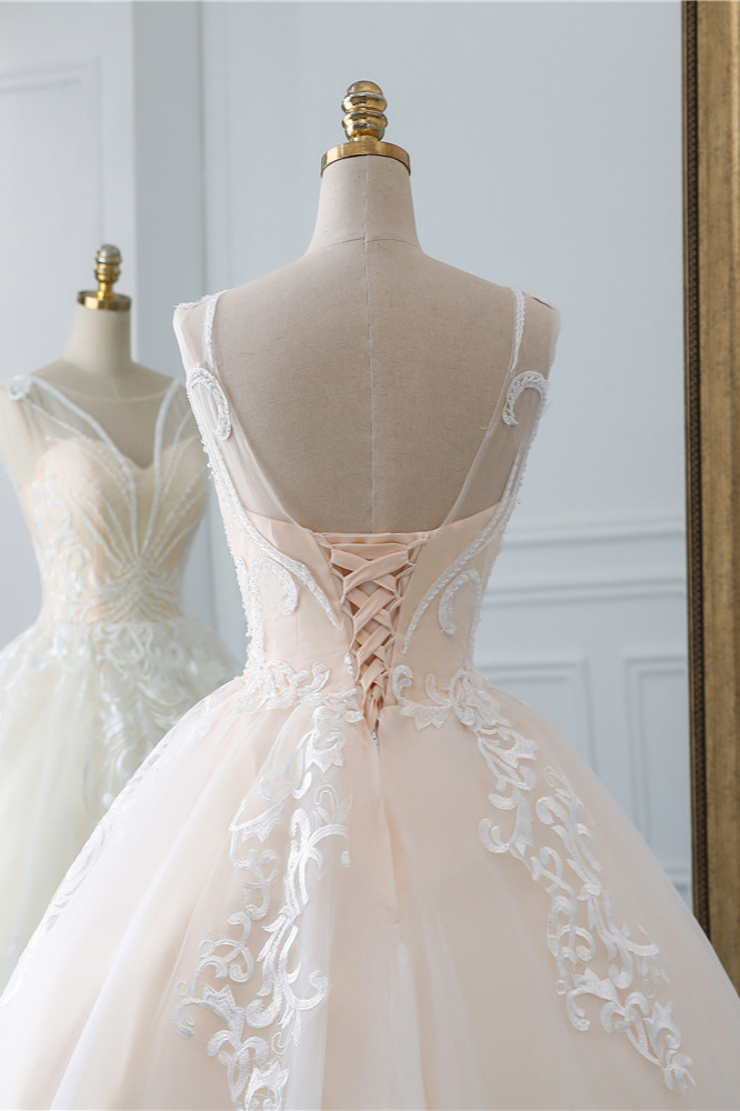 BMbridal Glamorous Sleeveless Jewel Pink Wedding Dresses Tulle Ruffles Bridal Gowns With Appliques Online-BMbridal