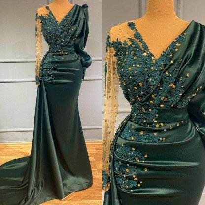 BMbridal Dark Green Long Sleeves Prom Dress Mermaid With Beadings