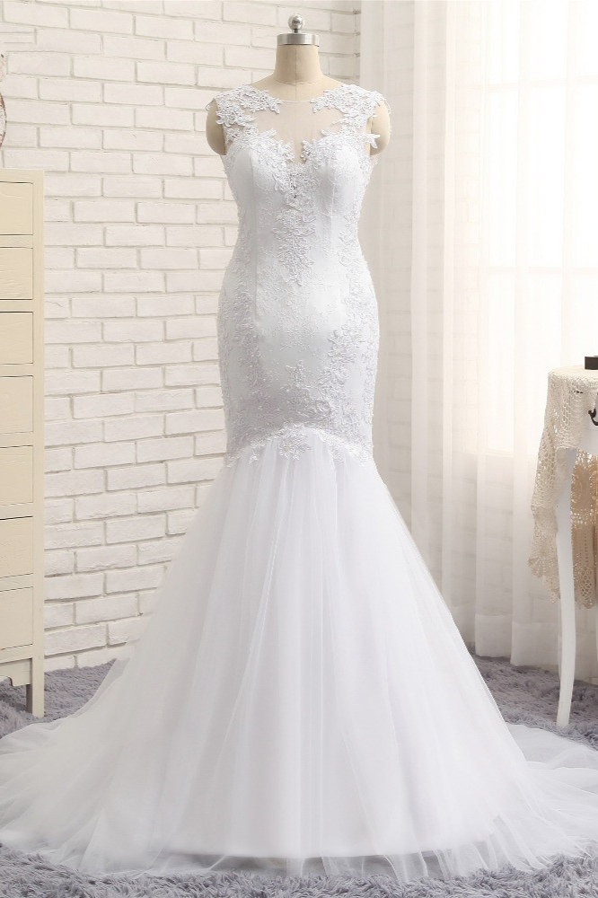 BMbridal Glamorous Jewel Sleeveless Tulle Wedding Dresses White Mermaid Satin Bridal Gowns With Appliques On Sale-BMbridal