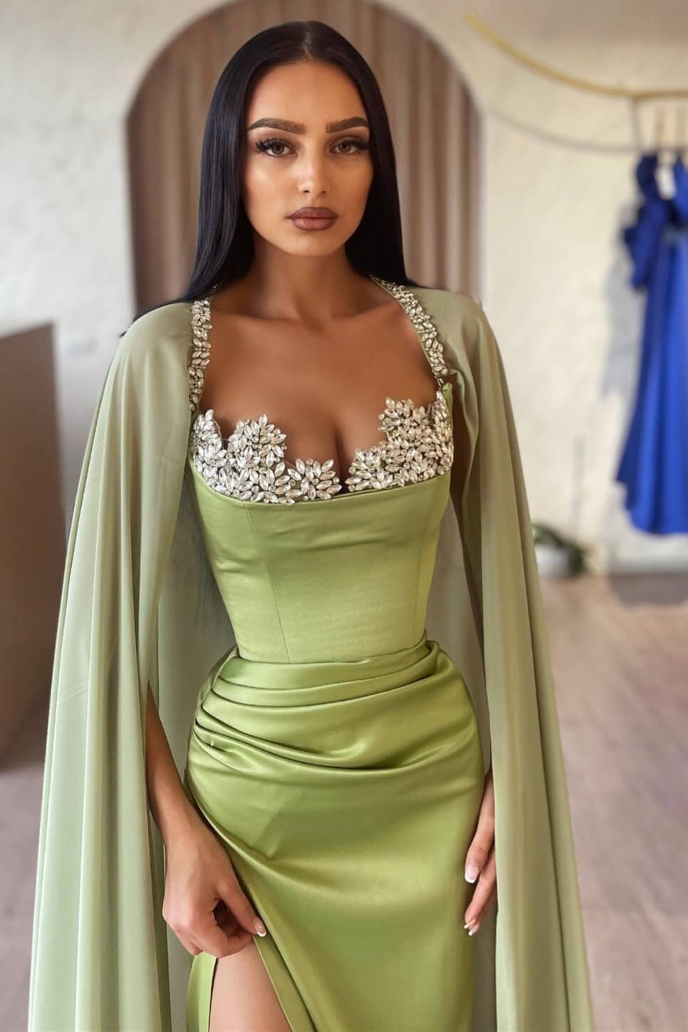 Designer Mermaid Square Sleeveless Rhinestone Satin Split Front With Train Prom Dress