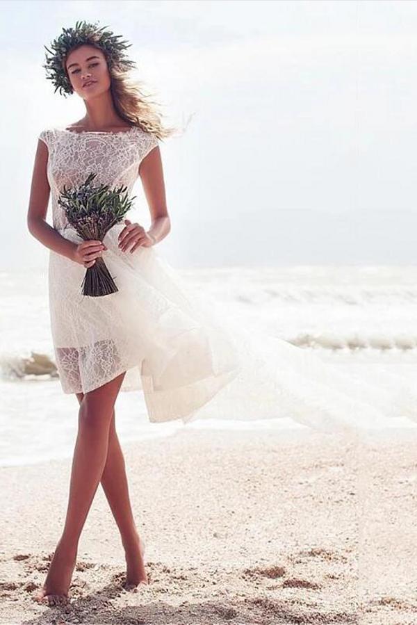 Modern Sleeveless A-Line Bateau Lace Beach Boho Hi-Lo Wedding Dress