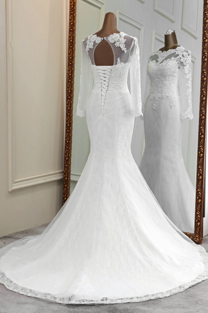 BMbridal Elegant Jewel Long Sleeves White Mermaid Wedding Dresses with Rhinestone Online