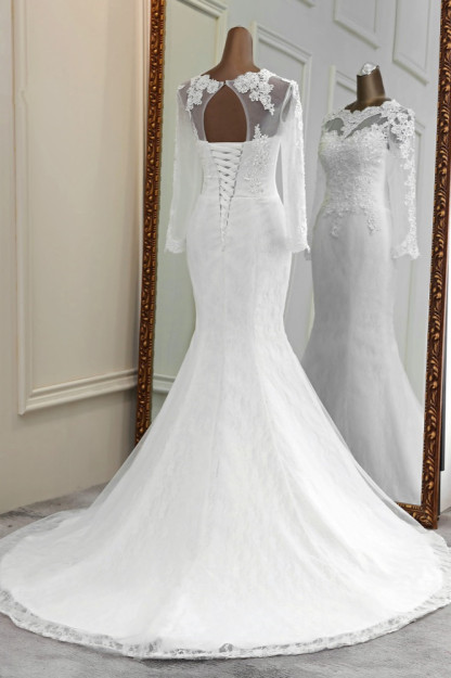 BMbridal Elegant Jewel Long Sleeves White Mermaid Wedding Dresses with Rhinestone Online