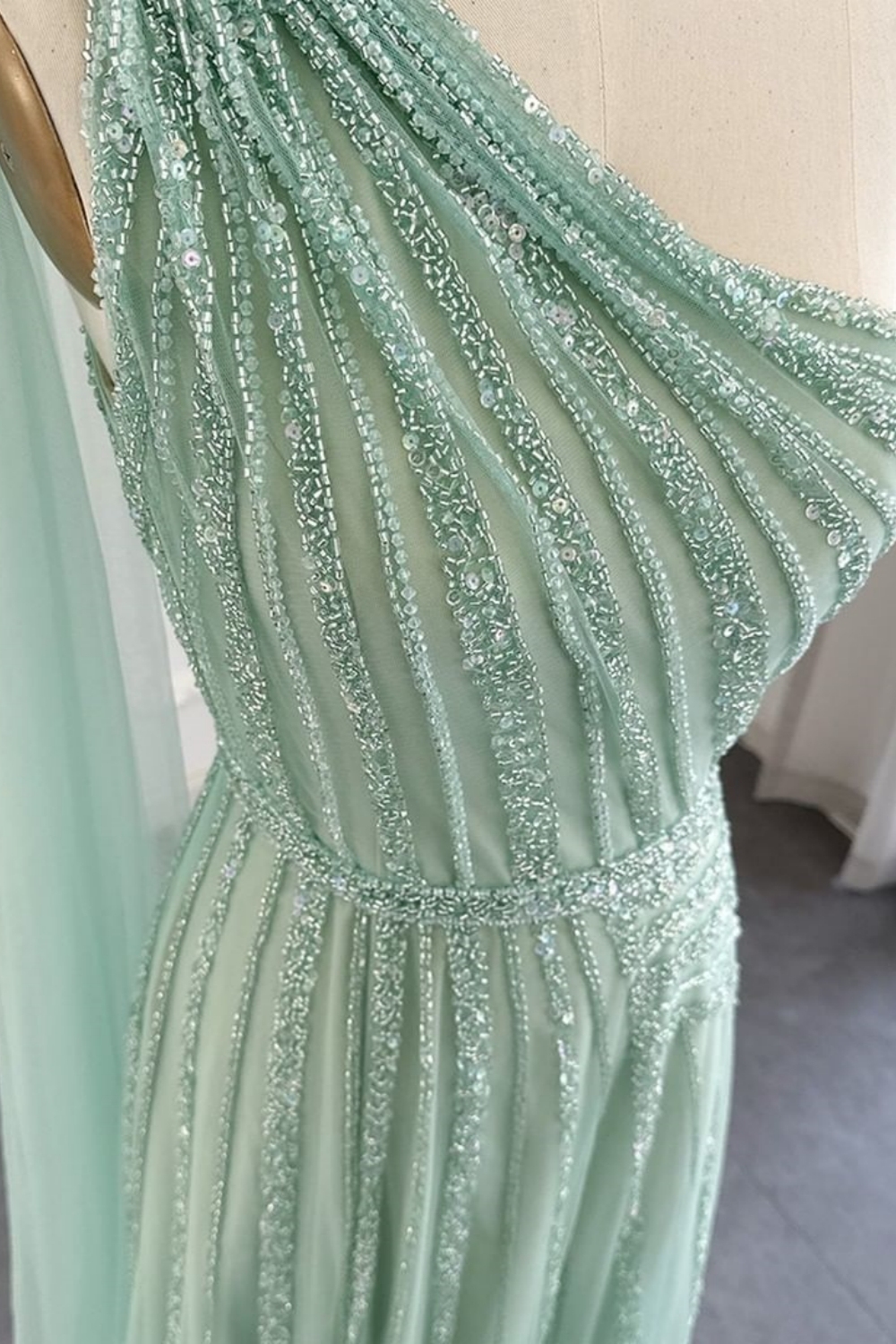 Bmbridal A-Line Dusty Sage One Shoulder Tulle Sleeveless Prom Dresses