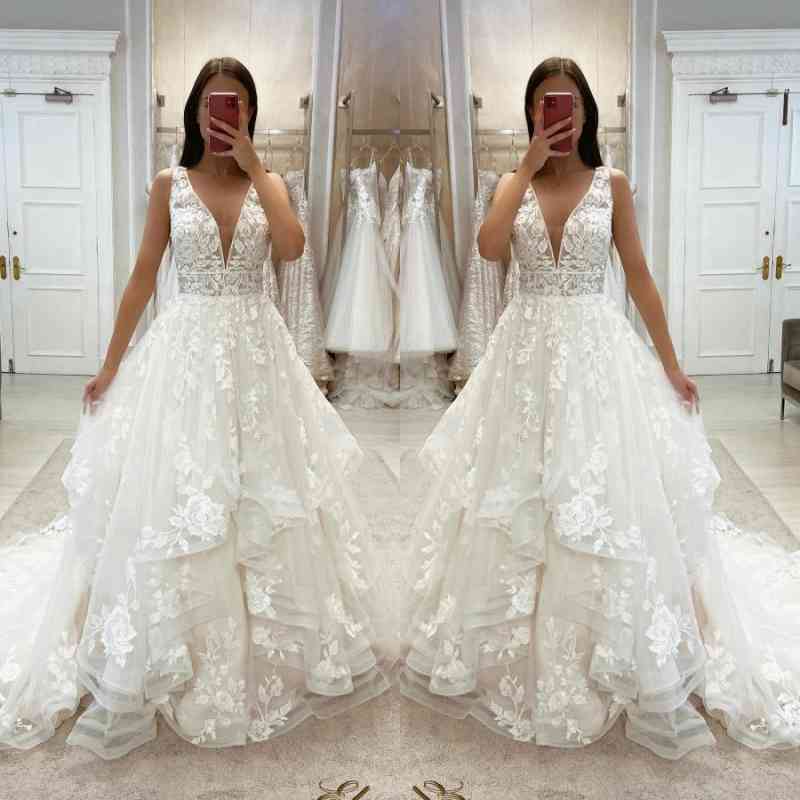 Bbridal V-Neck Open Back Wedding Dress Lace Sleeveless-BMbridal