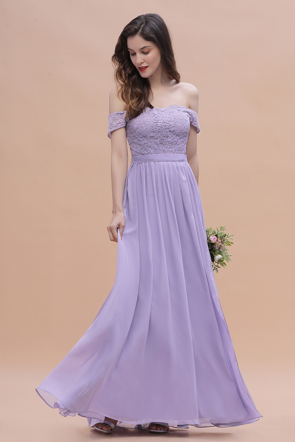 BMbridal Sexy Off-the-Shoulder Lace Chiffon Ruffles Bridesmaid Dress with Slit On Sale-BMbridal