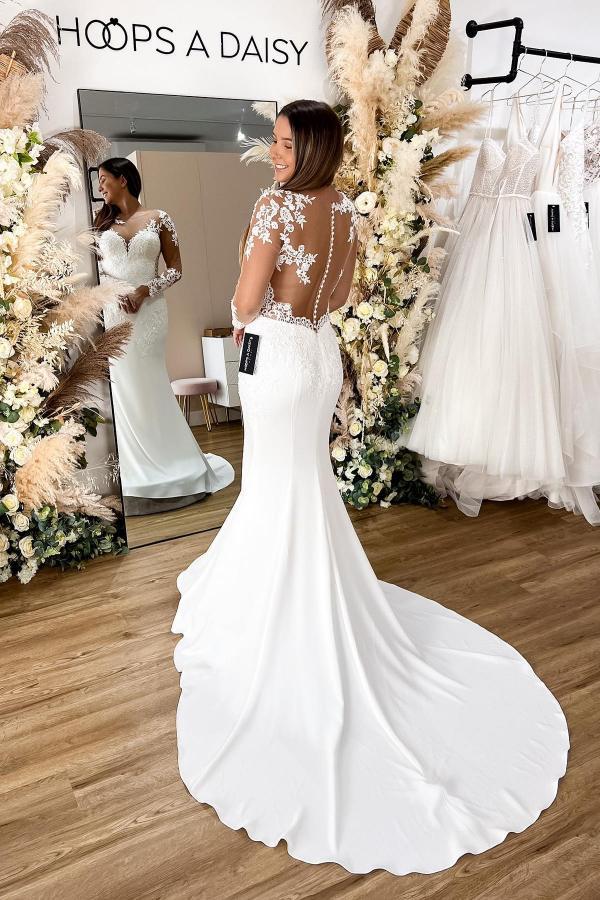 Bmbridal Long Sleeves Mermaid Wedding Dress Lace Zipper Button Back-BMbridal