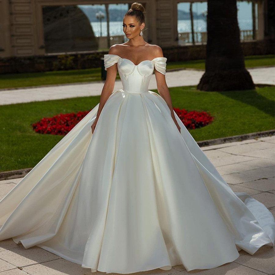 Bmbridal Off-the-Shoulder Ball Gown Wedding Dress Satin-BMbridal