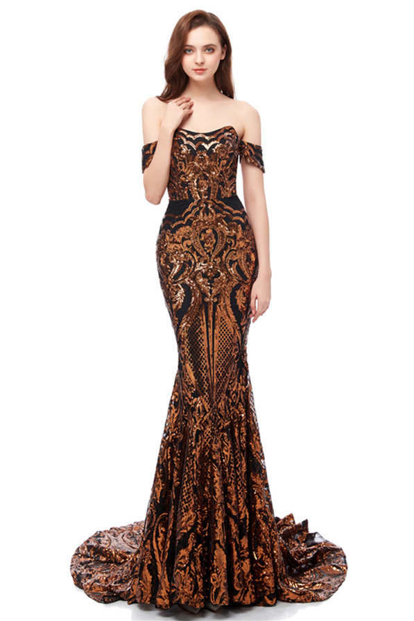Bmbridal Off-the-Shoulder Gold Prom Dress Mermaid Long