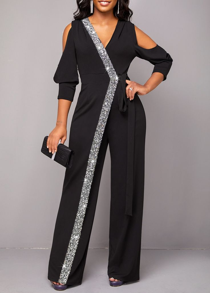 Chic Black Long Sleeves V-Neck Sequins Long Jump Suit