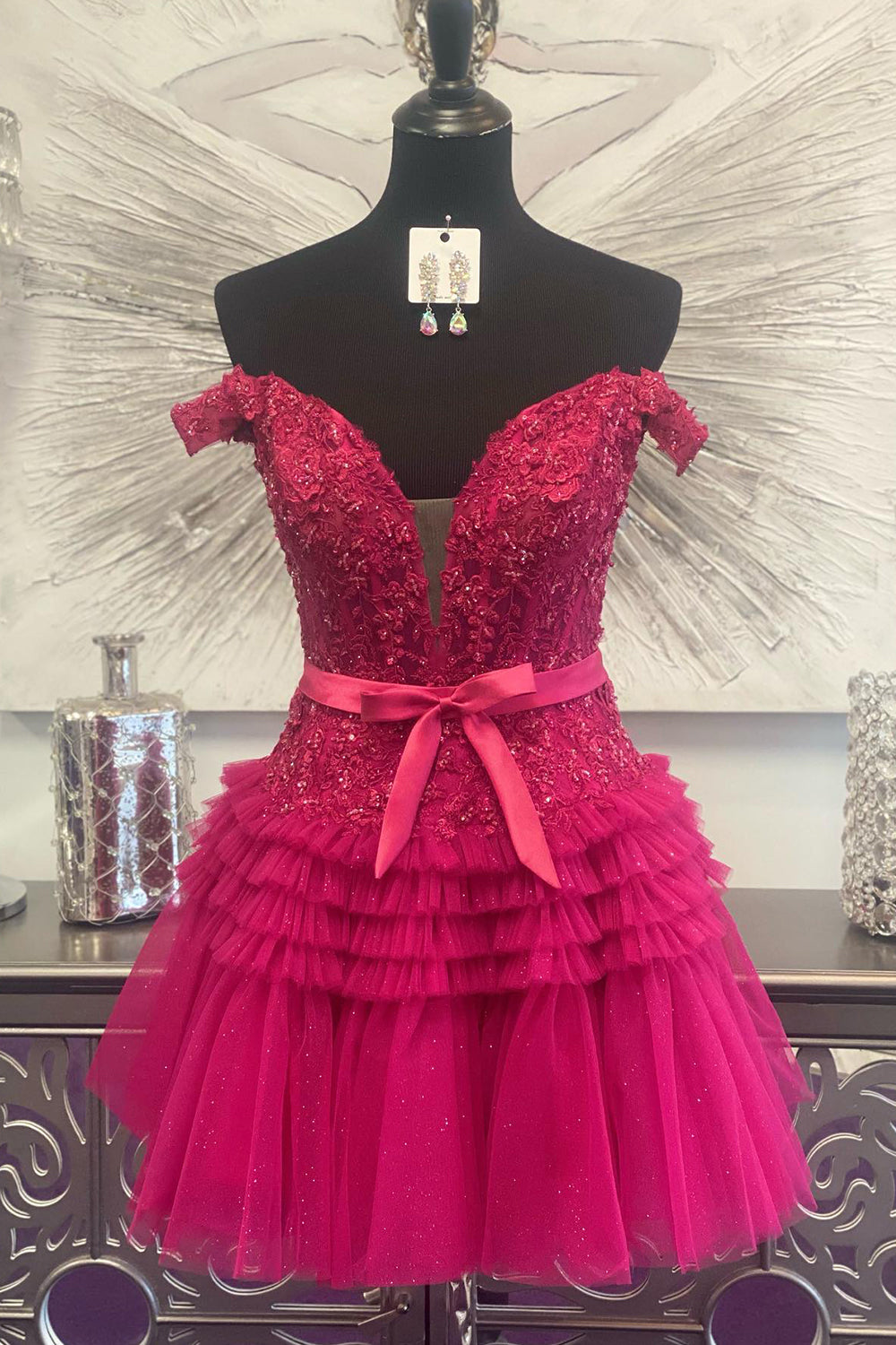 Glitter Fuchsia Tiered A-Line Tulle Corset Short Homecoming Dress with Lace-BMbridal
