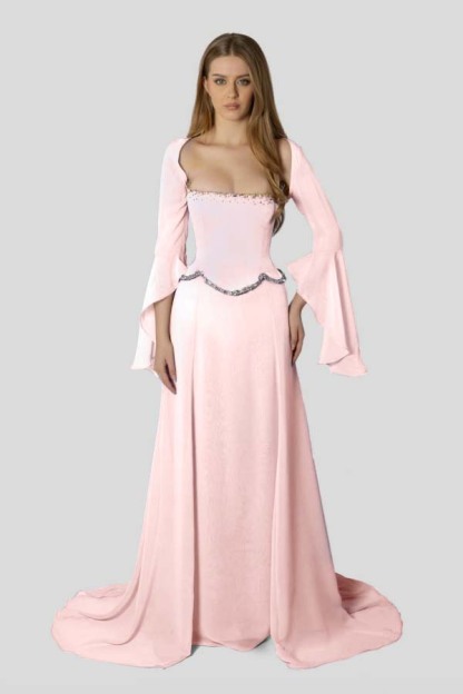 Chiffon Long Sleeves Long Mermaid Prom Dress With Beading Pleated