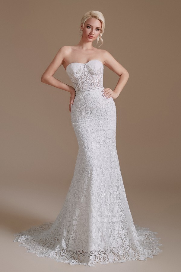 BMbridal Detachable Bubble Sleeves Lace Wedding Dress Mermaid Long-BMbridal