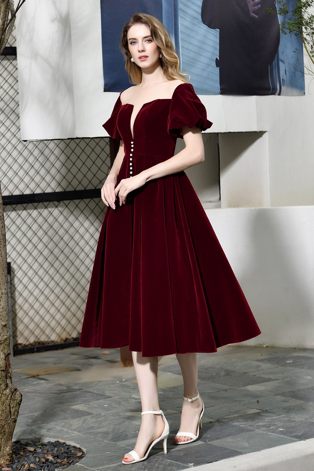 BMbridal Vintage Bugrundy Short Sleeve Prom Dress Tea-Length Party Gowns With Lace-up