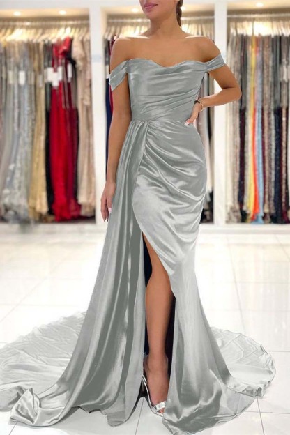 Mermaid Dark Green Pleated Off the Shoulder Long Prom Dress Split With Ruffles