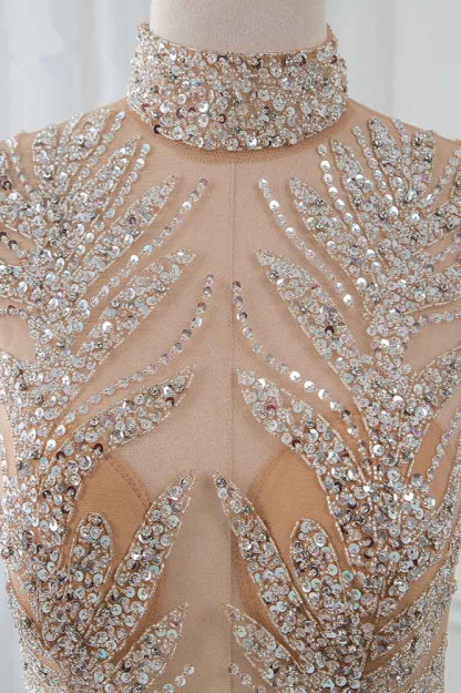 BMbridal Glamorous High-Neck Beadings Appliques Prom Dresses with Rhinestones