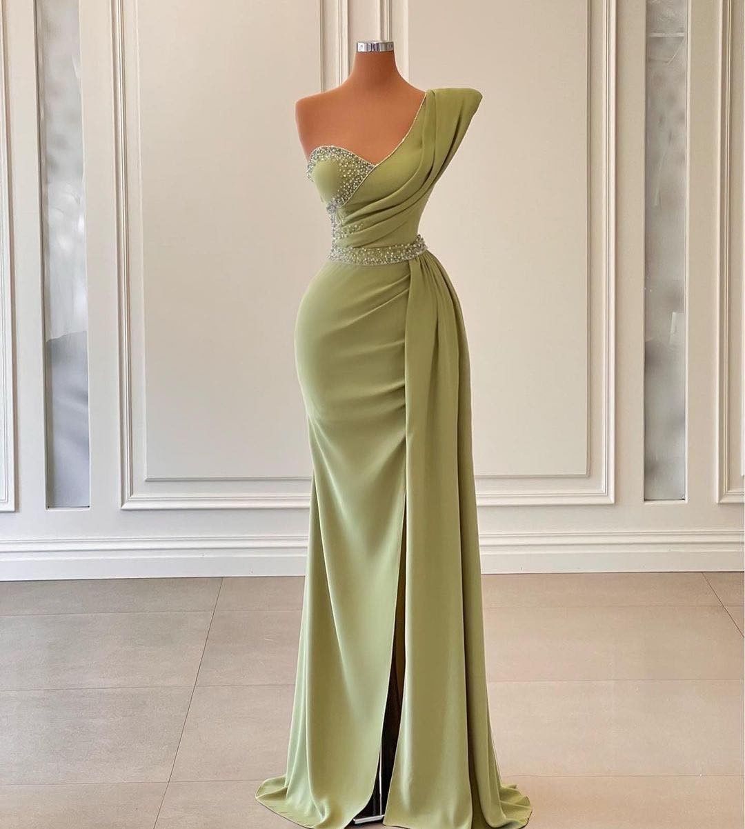 BMbridal Sage Green One Shoulder Mermaid Prom Dress Long With Ruffles
