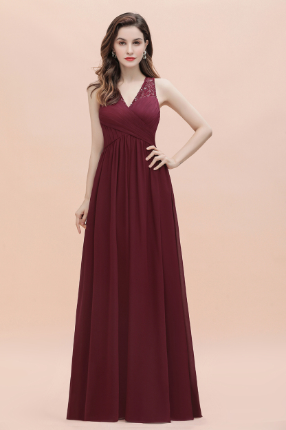 BMbridal Elegant V-Neck Lace Ruffles Bridesmaid Dress Sequins Burgundy Chiffon Evening Dress