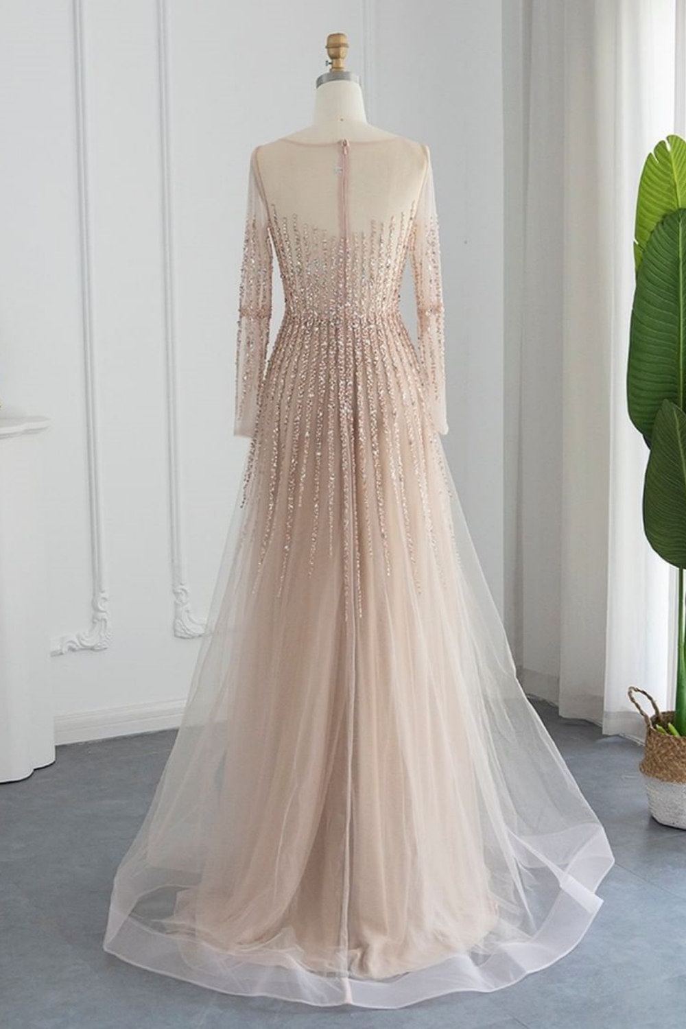 Bmbridal Champagne A-Line Long Sleeves Scoop Prom Dresses with Ruffles