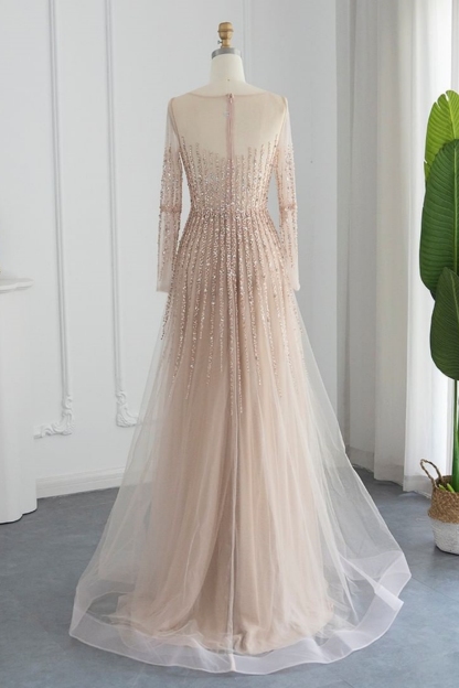 Bmbridal Champagne A-Line Long Sleeves Scoop Prom Dresses with Ruffles