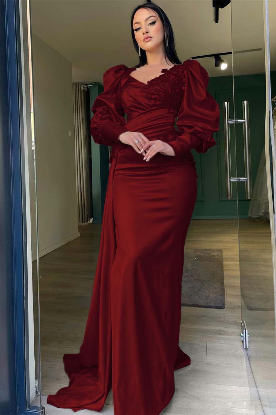 Long Puff Sleeves Pleated Mermaid Split Prom Dress With Appliques Ruffles