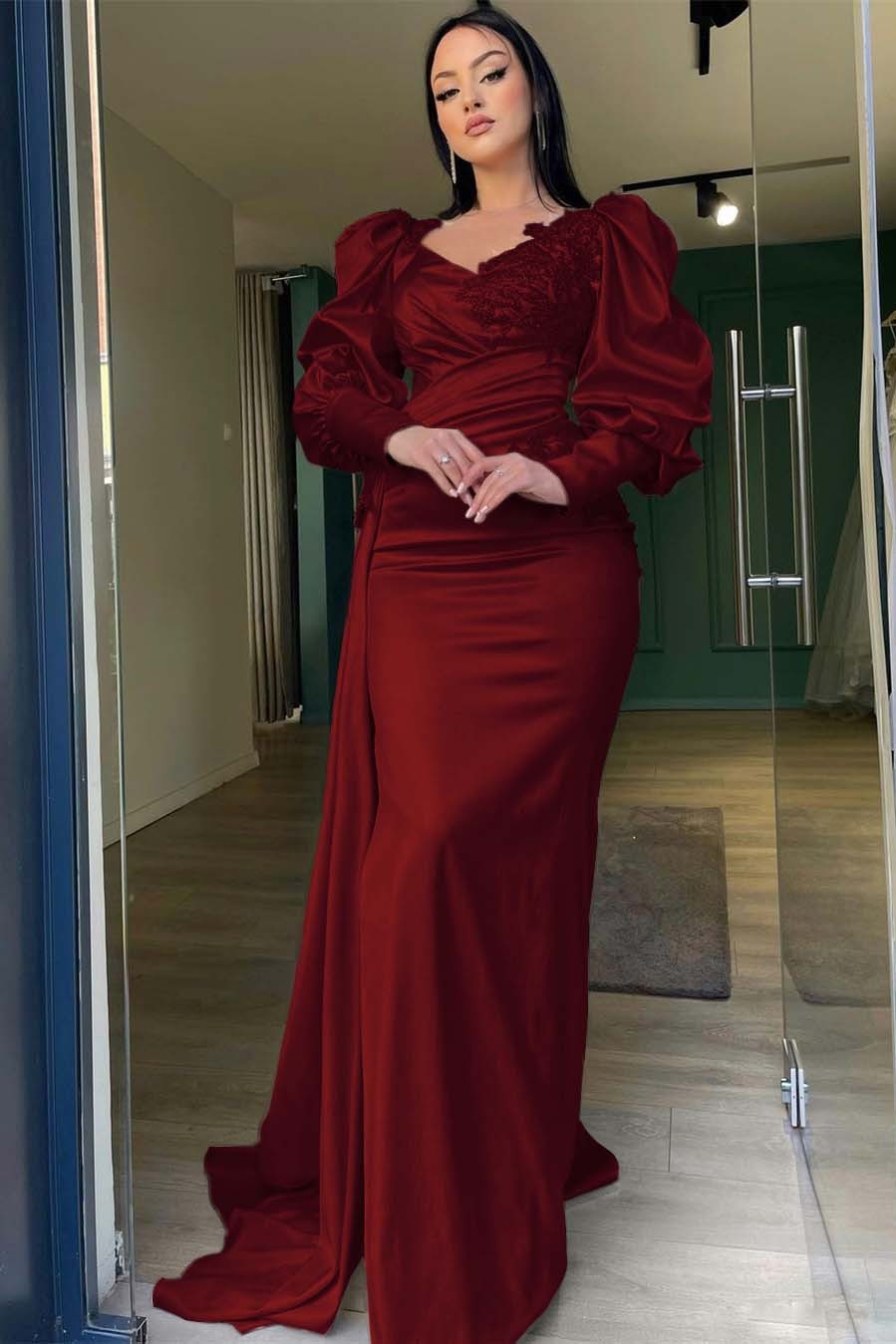 Long Puff Sleeves Pleated Mermaid Split Prom Dress With Appliques Ruffles