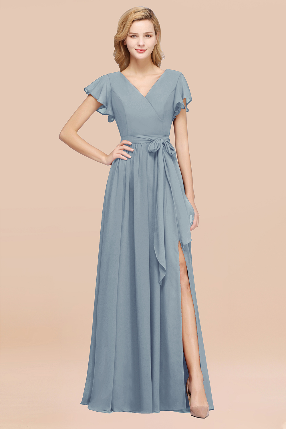 BMbridal Burgundy V-Neck Long Bridesmaid Dress With Short-Sleeves-BMbridal