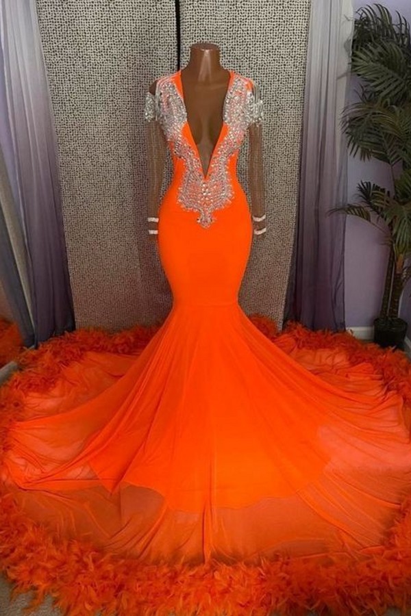 Bmbridal Orange Deep V-Neck Prom Dress Long Sleeves Mermaid With Feather