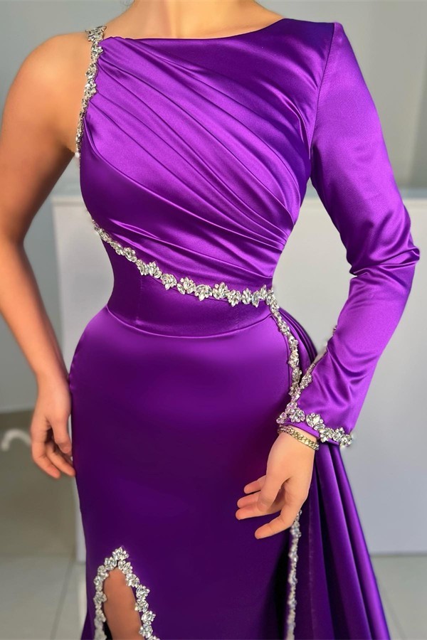 Bmbridal Purple Long Sleeve One Shoulder Prom Dress Mermaid With Slit