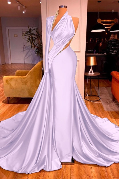 One Shoulder Long Beading Prom Dress Mermaid With Long Sleeve