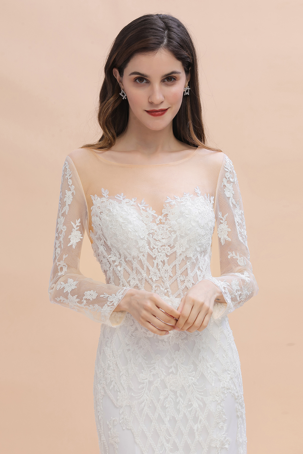 BMbridal Gorgeous Jewel Tulle Lace Wedding Dress Long Sleeves Appliques Mermaid Bridal Gowns On Sale-BMbridal