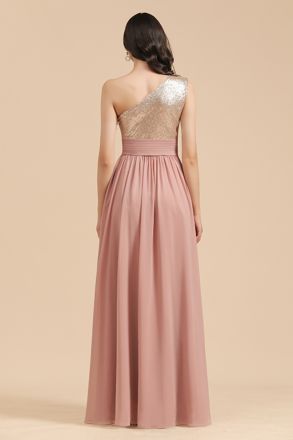 BMbridal One Shoulder Sequins Dusty Rose Bridesmaid Dress-BMbridal