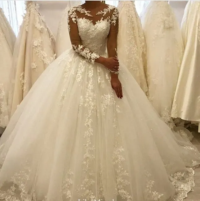 Beautiful Appliques A-Line Bateau Long Sleeves Wedding Dress with Tulle Lace Ruffles